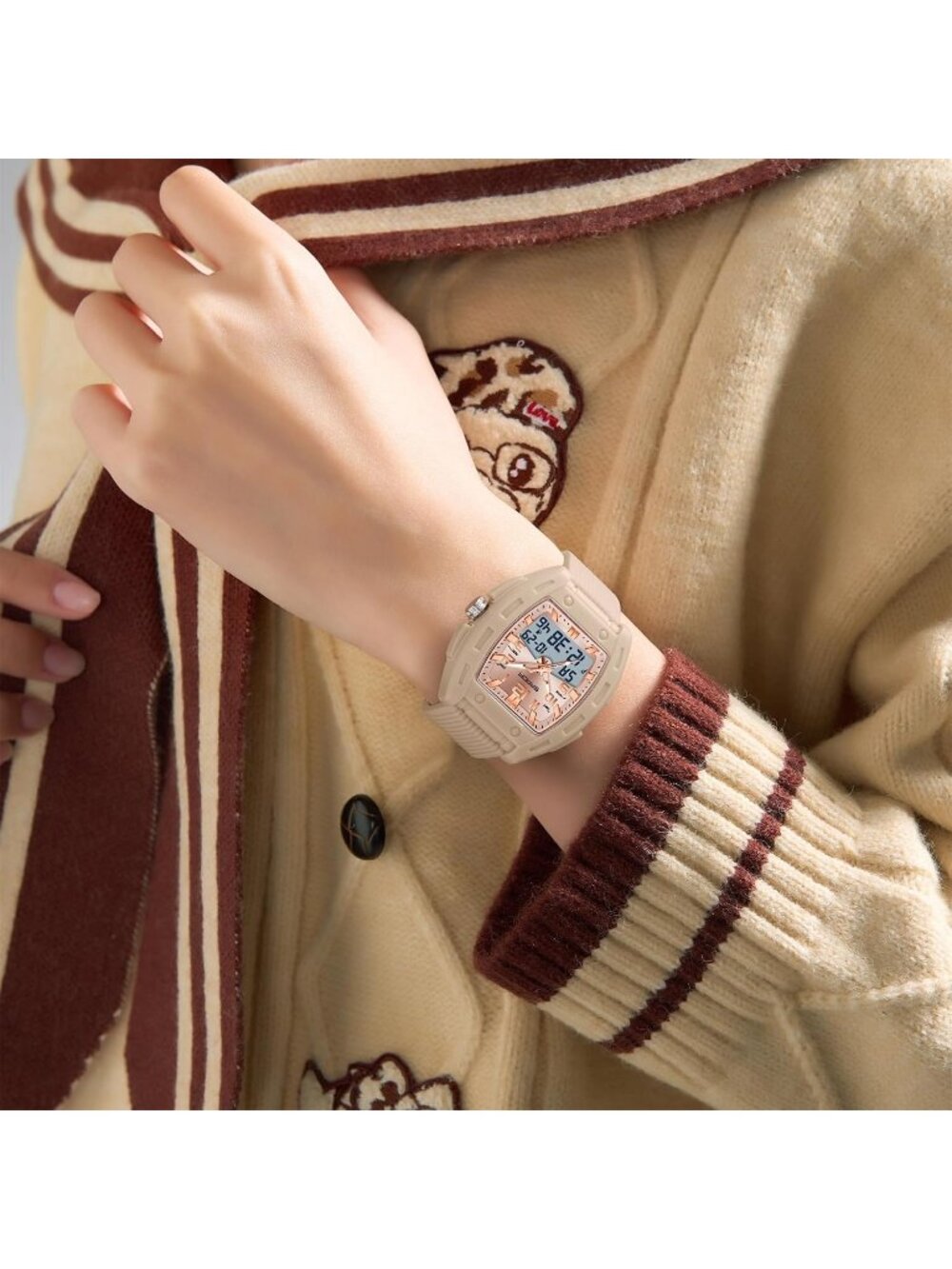 Women's Apricot Digital Analog Sports Unique Rectangle Waterproof Wrist Watches - Picture 6 of 6